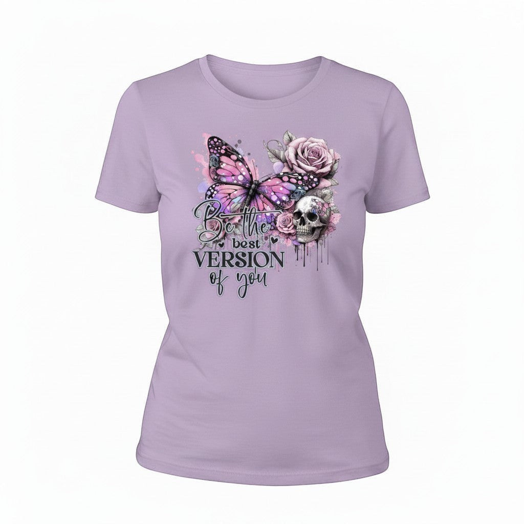 Gothic lilac t-shirt with butterfly and floral design on a white background