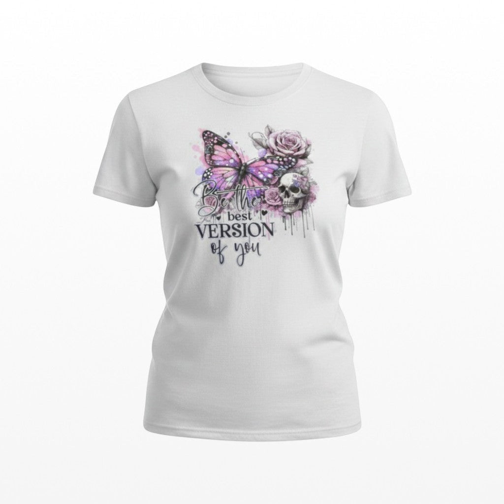 Gothic white t-shirt with a butterfly and floral design on a white background