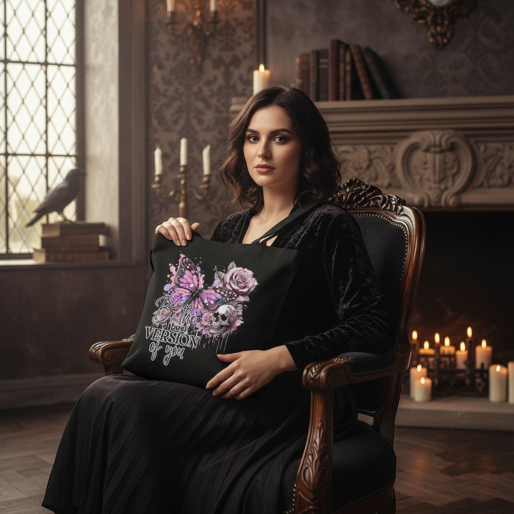 Woman holding a black bag with floral design in a dimly lit room.