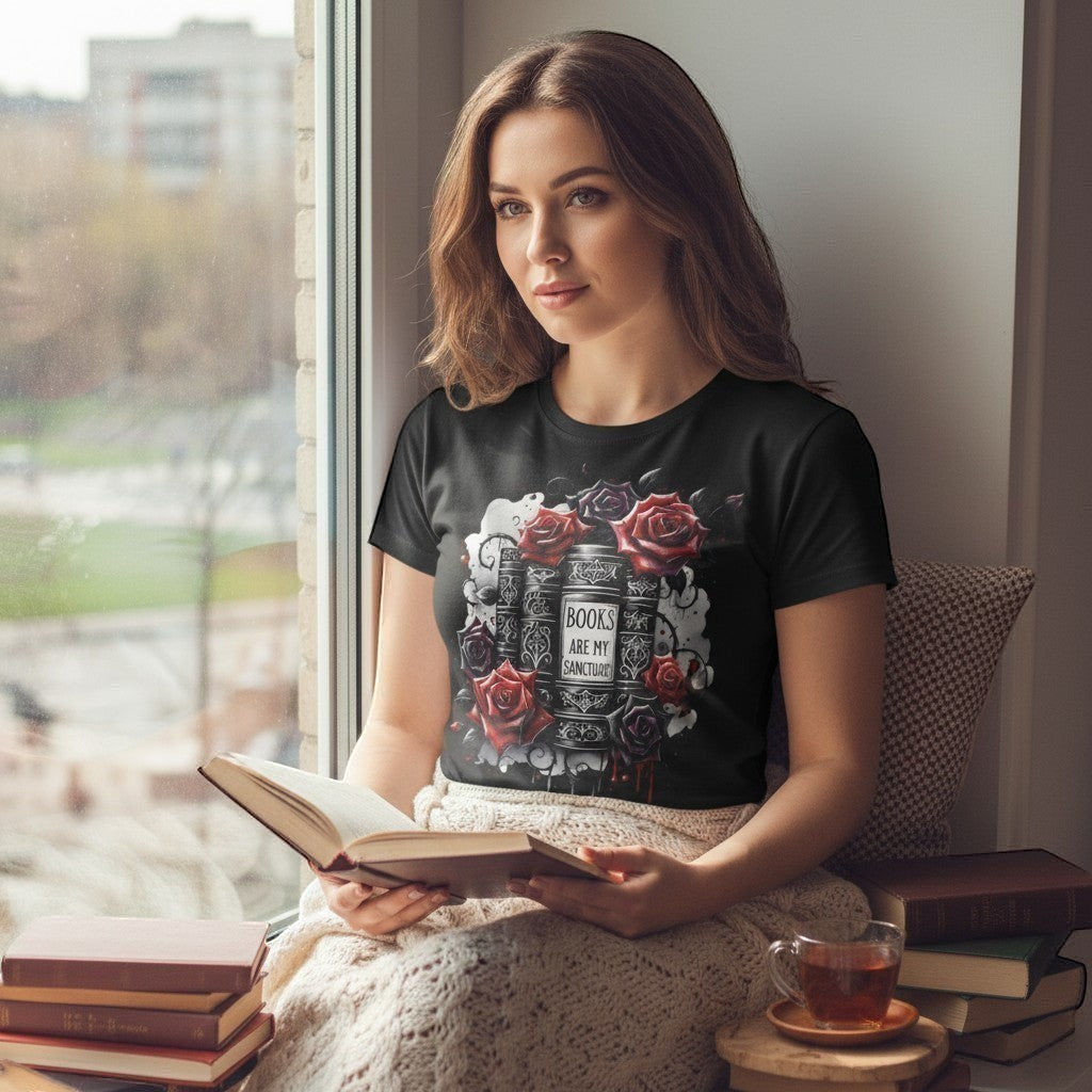 Woman sitting by a window reading a book with a cup of tea, wearing a black t-shirt with a graphic design.