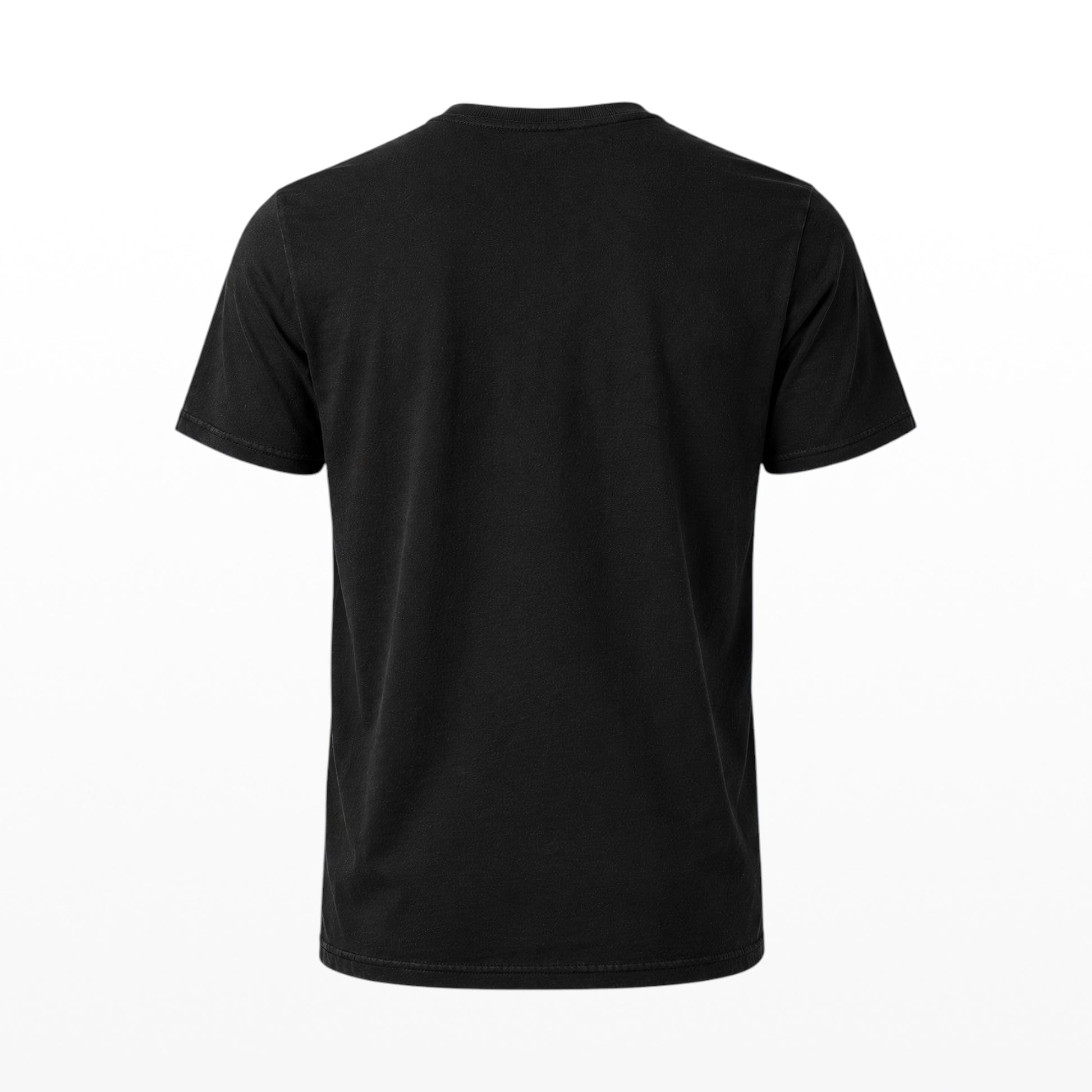 A black short-sleeve crewneck t-shirt shown from the back, photographed on a clean white background.