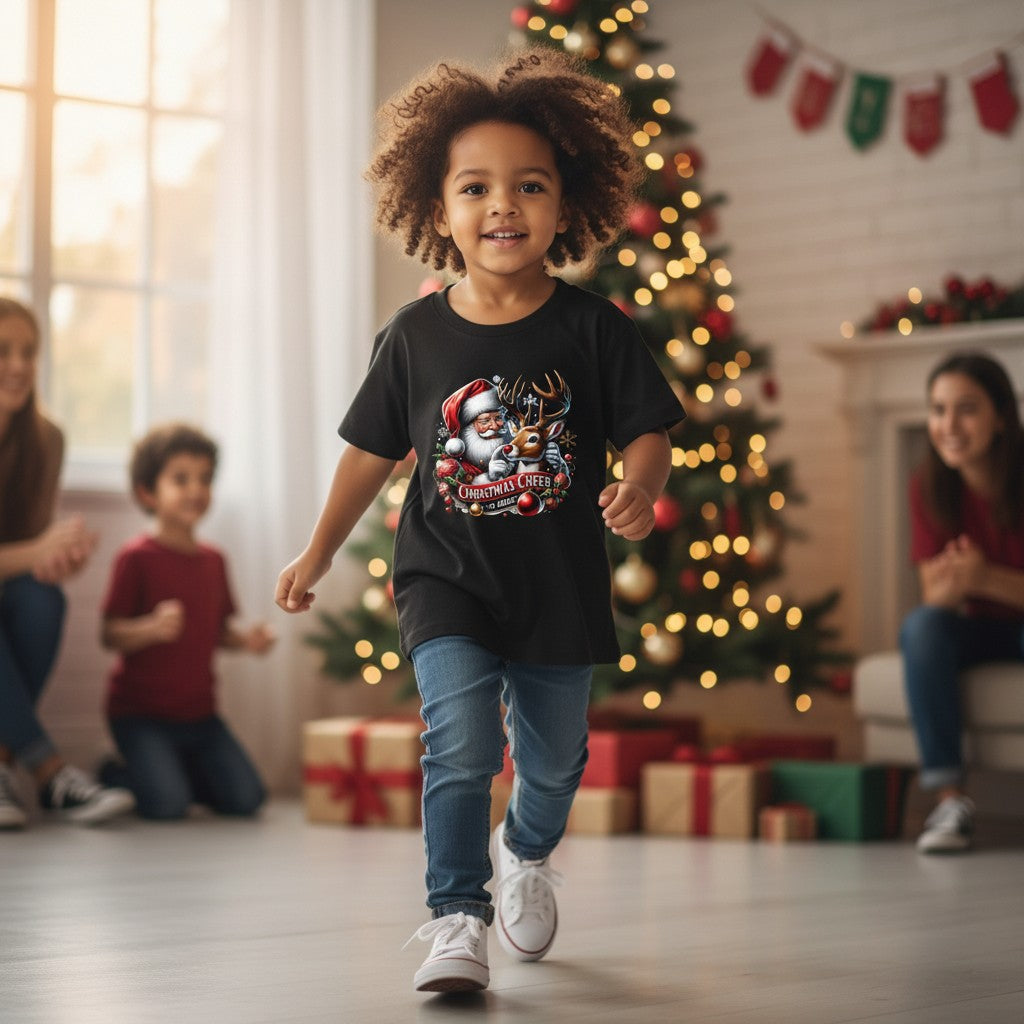 A young child with curly hair runs toward the camera in a living room decorated for Christmas, wearing a black graphic t-shirt with a festive Santa and reindeer print, blue jeans, and white sneakers.
