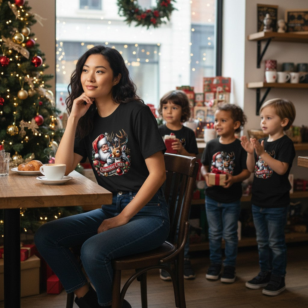A woman and three children wearing matching black graphic t-shirts with a Christmas Santa design, gathered in a cozy, decorated holiday home interior.