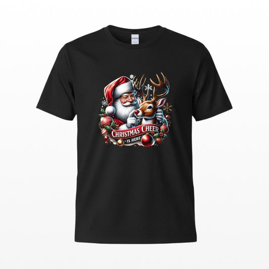 Black unisex T-shirt featuring a festive Santa and reindeer Christmas Cheer graphic.