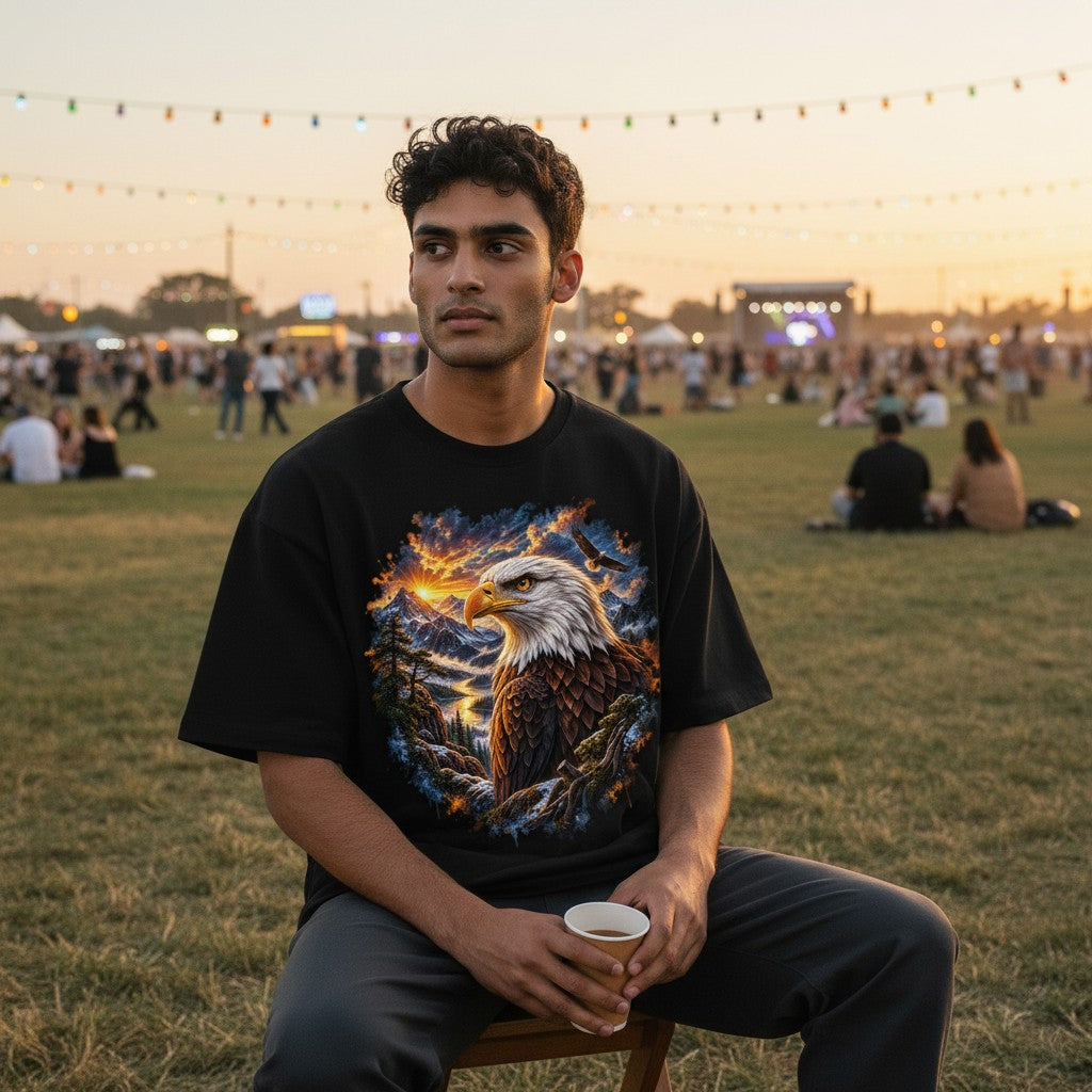 A man sitting outdoors at a festival or park at sunset, wearing a black graphic t-shirt with a detailed print of an eagle and sun rays, holding a paper cup.