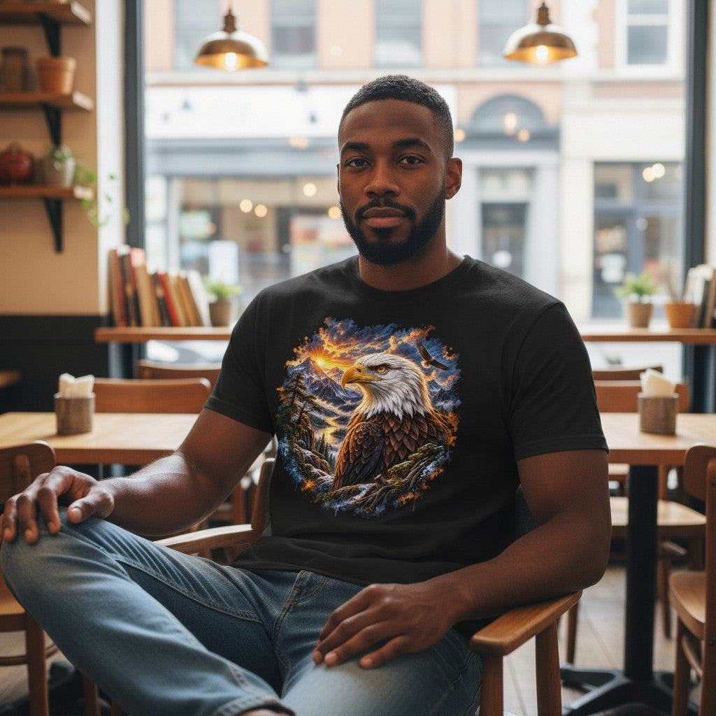 A man wearing a black graphic t-shirt with a detailed eagle print, sitting in a wooden chair inside a cafe with warm lighting and a blurred street background.