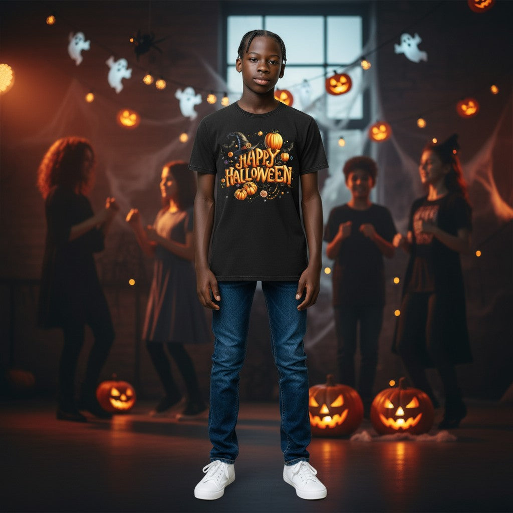 A youth stands in a Halloween-themed room wearing a black graphic t-shirt with 'Happy Halloween' in glowing orange text, paired with blue jeans and white sneakers. The background features other children, hanging ghosts, spiderwebs, and lit jack-o'-lanterns