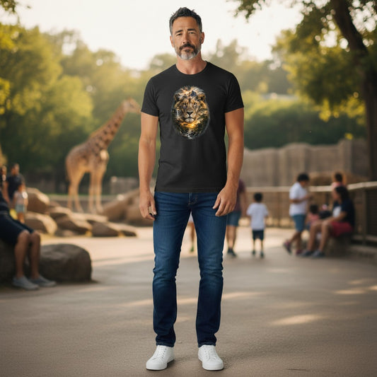 A man wearing a black crewneck t-shirt with a detailed Lion graphic on the front, paired with blue jeans and white sneakers, standing in a sunny zoo setting with a giraffe visible in the background.
