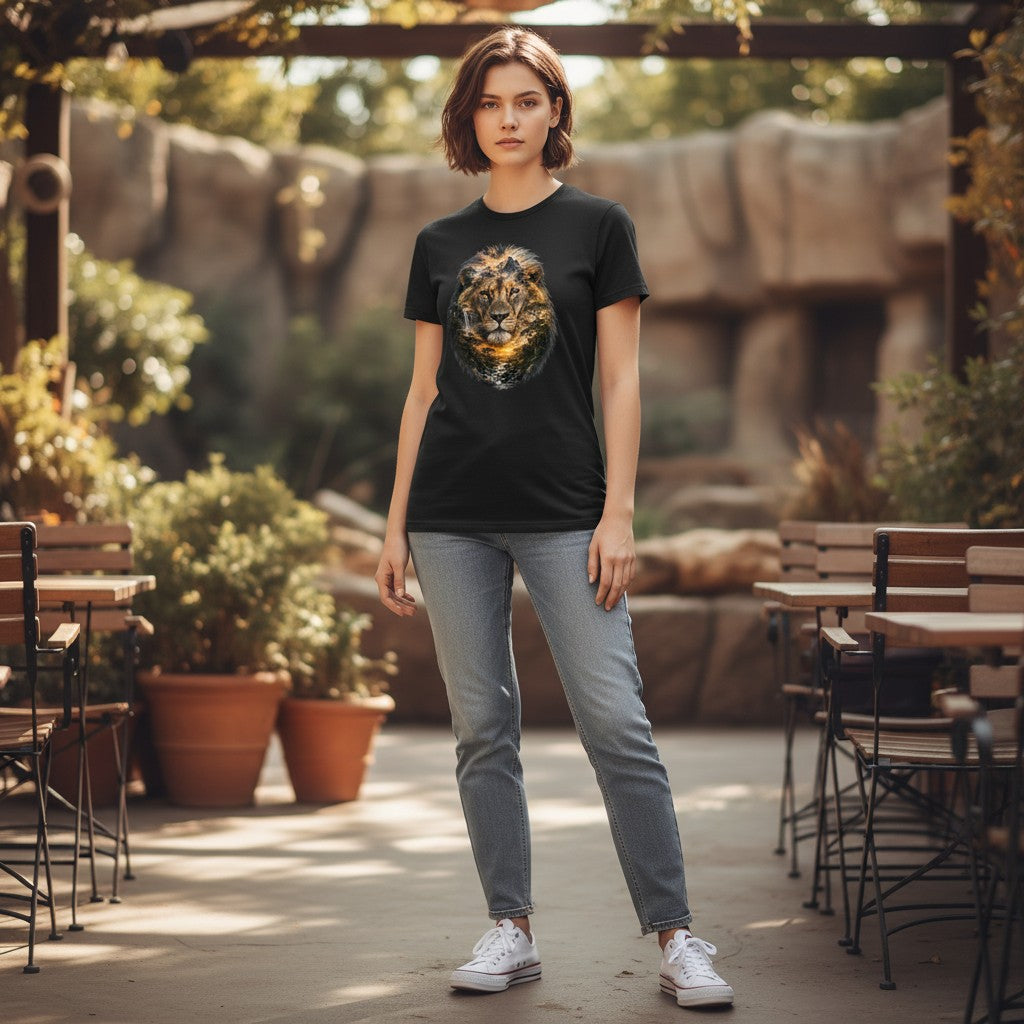 A woman stands in an outdoor zoo setting wearing a black crewneck t-shirt with a detailed golden lion graphic on the front, paired with light blue jeans and white sneakers.