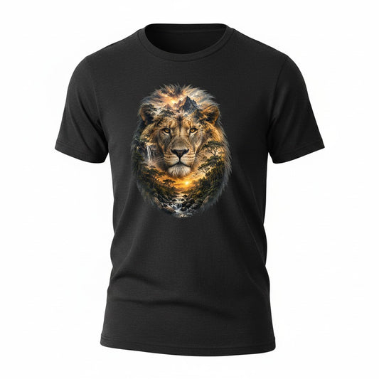 A black short-sleeve crewneck t-shirt featuring a large graphic print of a lion's face with a double-exposure effect of mountains, trees, and a golden sunset.