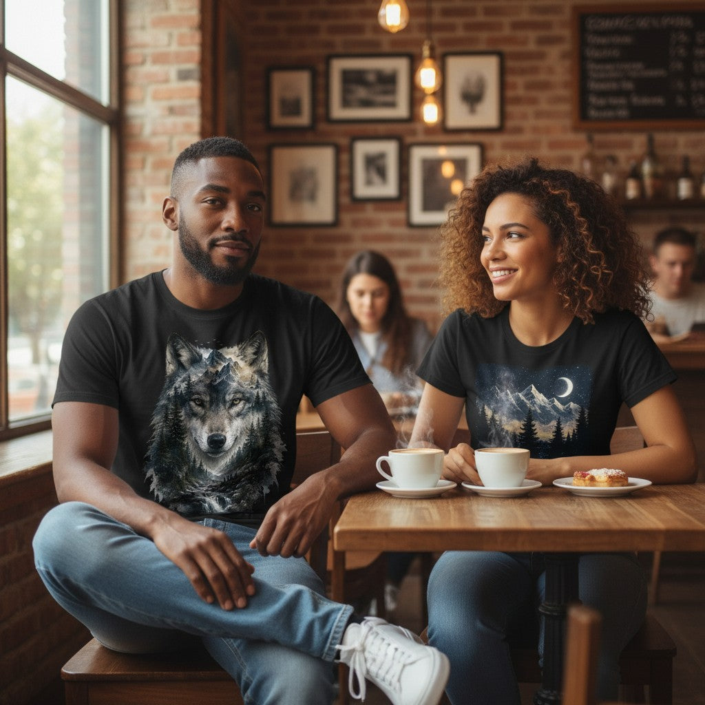 Two people sitting at a wooden table in a cozy cafe setting, wearing matching black t-shirts with graphic prints. The man's shirt features a large detailed wolf graphic, while the woman's shirt shows a mountain and moon landscape under a night sky.