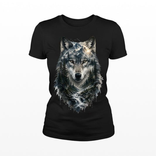 Black t-shirt featuring a detailed wolf head graphic with mountain and forest scenery.