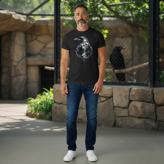 Man wearing a black t-shirt with Raven's head print that has been double exposed.