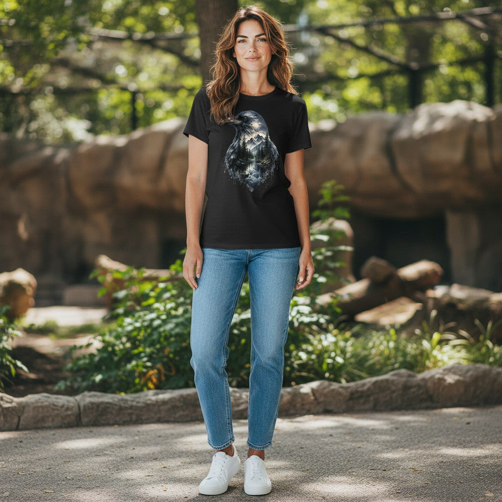 A woman stands outdoors wearing a black graphic T-shirt with a large dark Raven bird print on the front, light blue jeans, and white sneakers, set against a blurred natural background of trees and rocks.