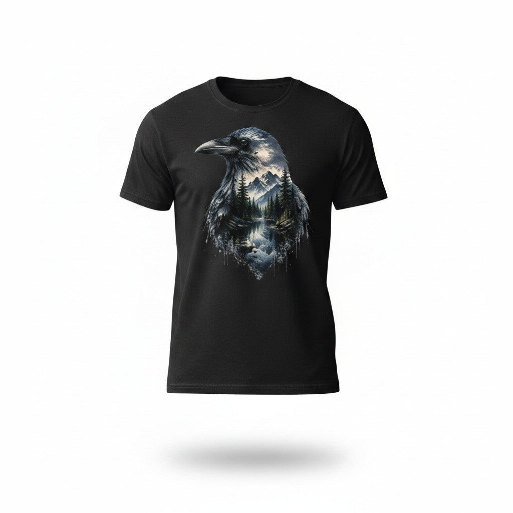 A black short-sleeve crewneck t-shirt featuring a detailed graphic of a Raven head filled with a forest and mountain landscape design, shown against a plain white background with a soft drop shadow.