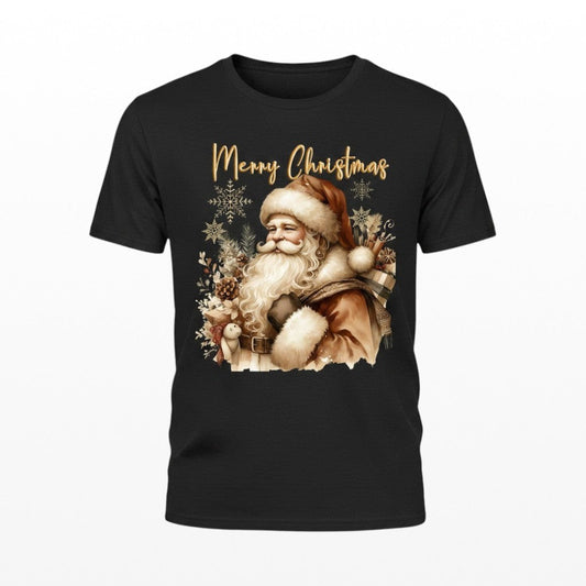 Black t-shirt with vintage Father Christmas graphic, winter foliage, and Merry Christmas text