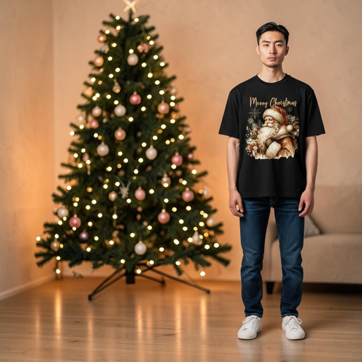 Back t-shirt featuring a vintage Santa Claus illustration with Merry Christmas text.