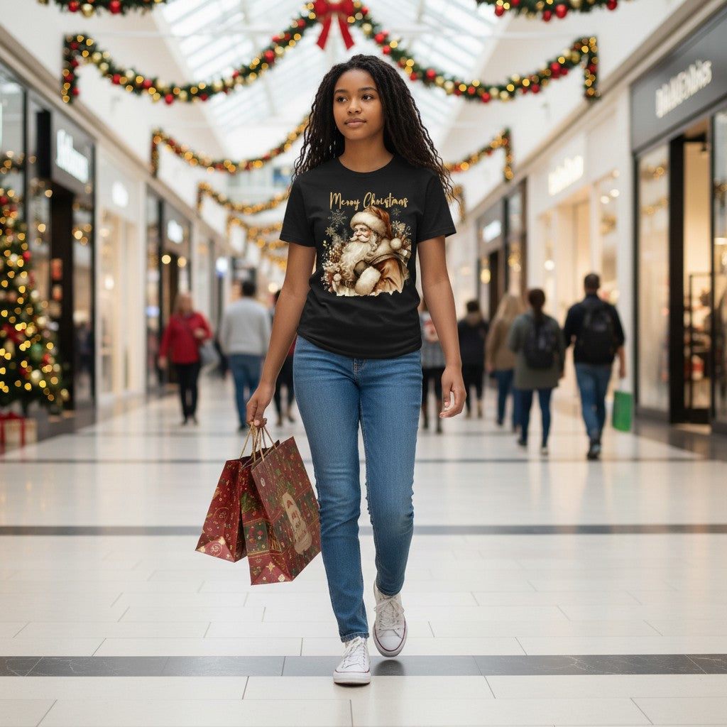 A woman walking through a decorated shopping mall wearing a black graphic t-shirt with a Christmas design, blue jeans, and white sneakers, holding shopping bags.