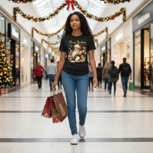 A woman walking through a decorated shopping mall wearing a black graphic t-shirt with a Christmas design, blue jeans, and white sneakers, holding shopping bags.