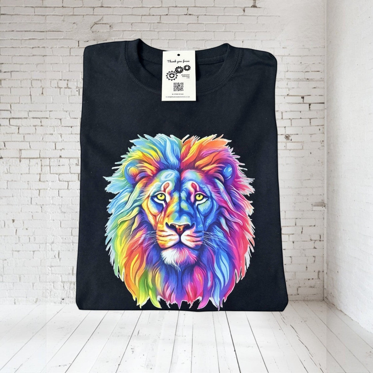 Watercolour Lion Main Black T Shirt hand printed UK