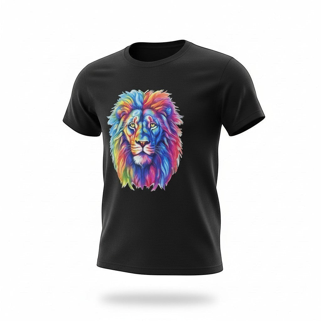 Black t-shirt with a colourful lion graphic