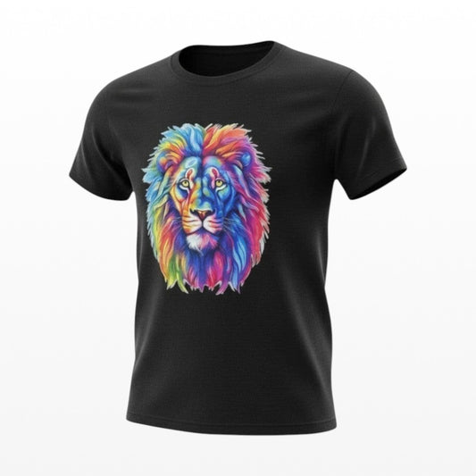 Black t-shirt with a vibrant watercolour lion graphic on the front.