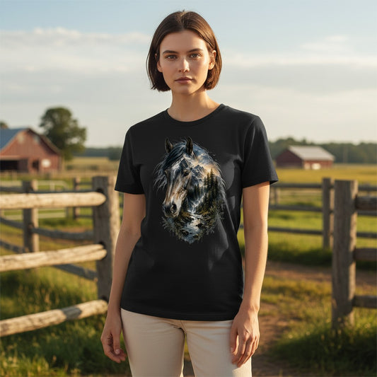 A woman wearing a black short-sleeve t-shirt with a detailed graphic of a horse's head in blue, white, and gray tones, standing in a sunny, rural outdoor setting with wooden fences and barns in the background.