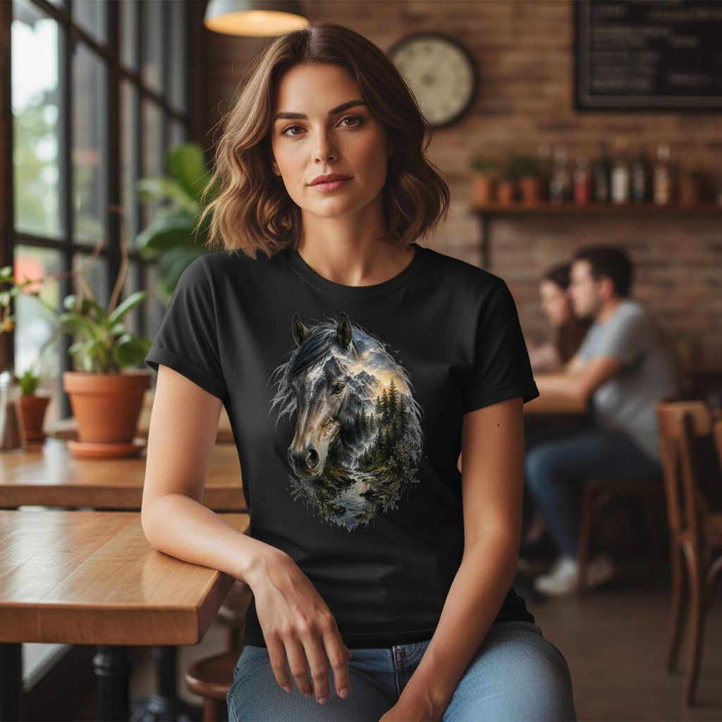 A woman sitting in a cafe wearing a black t-shirt with a detailed graphic of a horse's head in a watercolor landscape style. The background shows a warm, blurred cafe interior with wooden tables, brick walls, and other patrons.