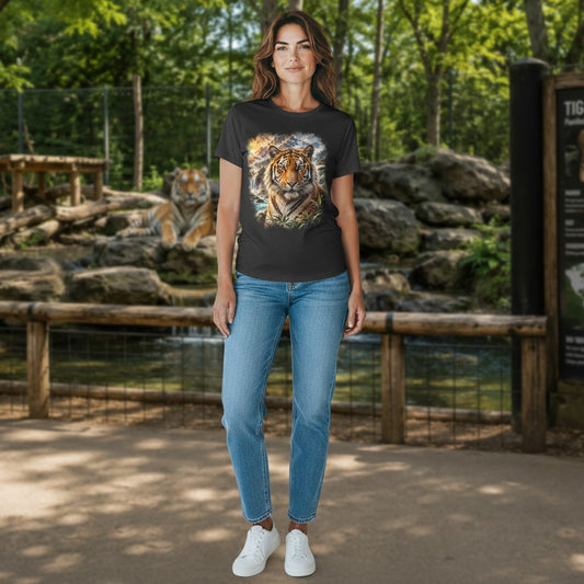 A woman stands outdoors in front of a zoo enclosure wearing a black graphic T-shirt with a large tiger print, blue jeans, and white sneakers. The background shows trees, rocks, and a tiger resting behind a fence.