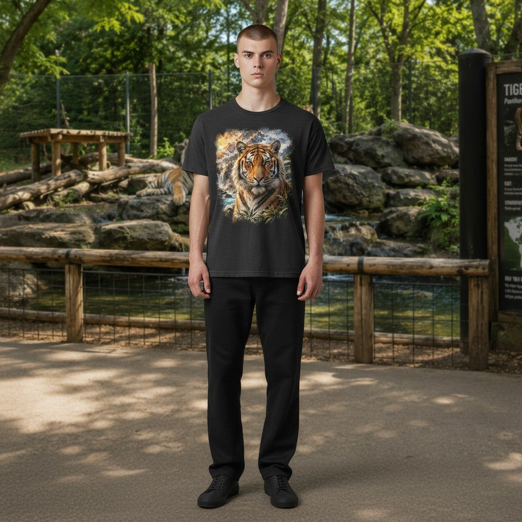 A man stands outdoors in a zoo-like setting wearing a black short-sleeve T-shirt with a large tiger graphic on the front, paired with black pants and black shoes.