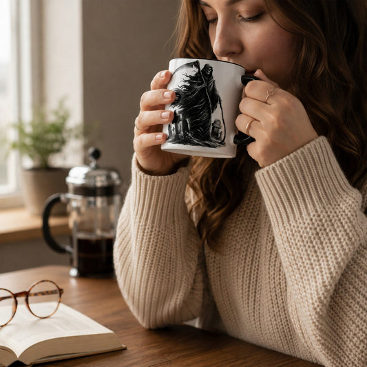 A woman in a beige knit sweater holds a white ceramic mug with a black illustration of a grim reaper to her lips in a cozy, sunlit room. A book with glasses rests on the wooden table in the foreground.