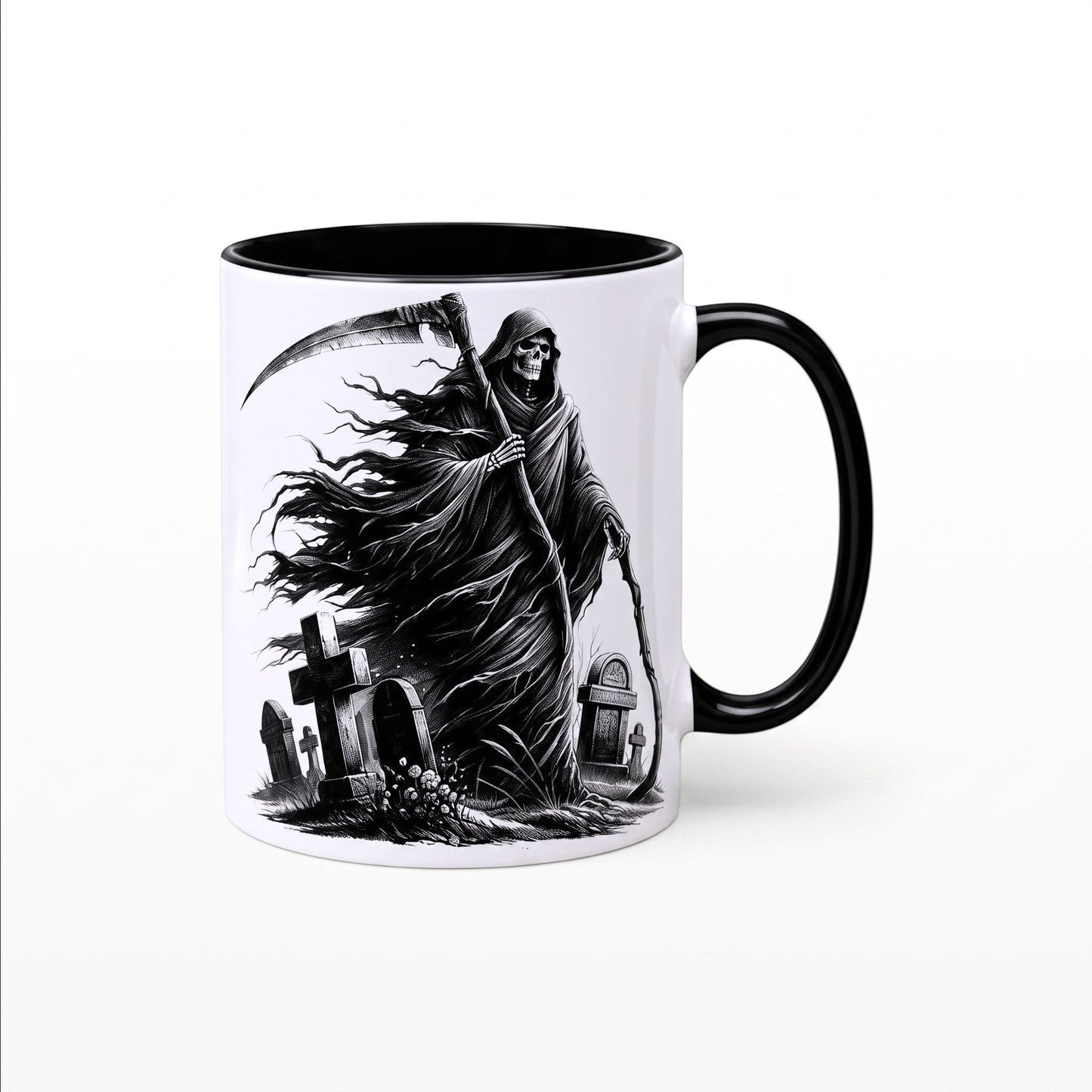 Ceramic mug featuring a monochrome Grim Reaper and graveyard design with a black handle.