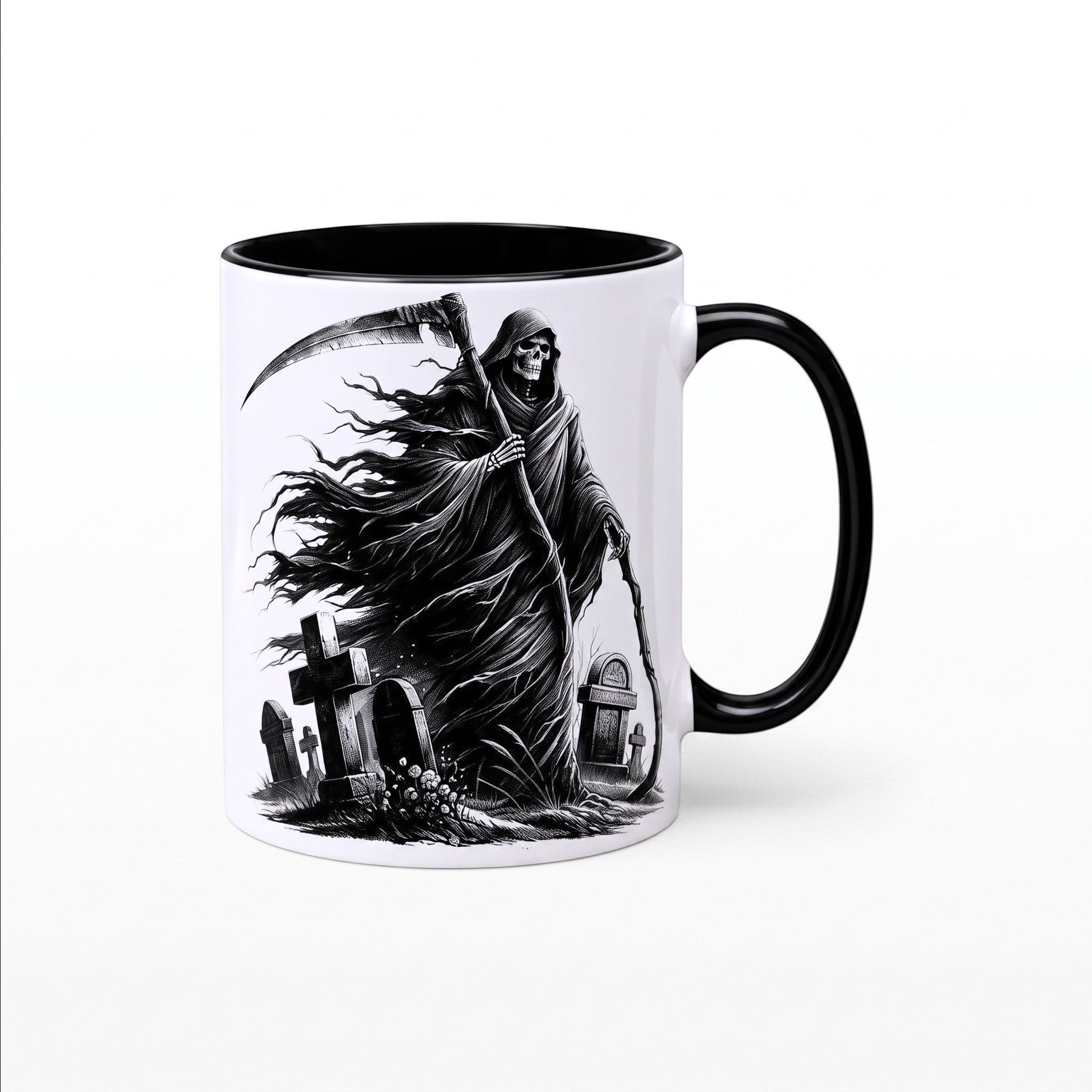 Ceramic mug featuring a monochrome Grim Reaper and graveyard design with a black handle.