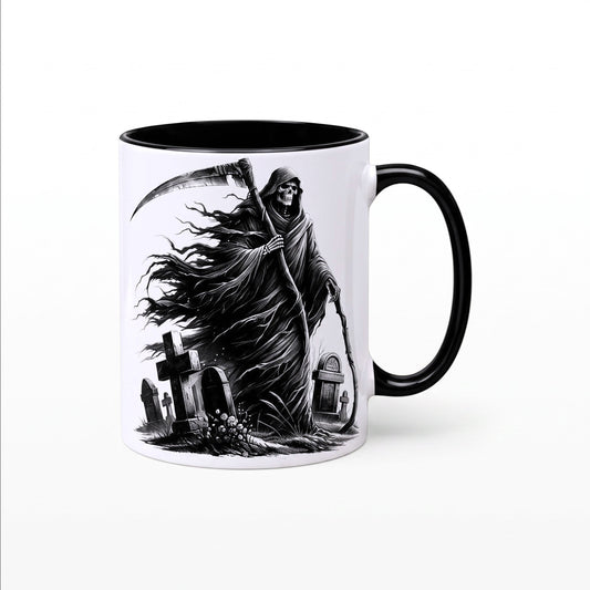 Ceramic mug featuring a monochrome Grim Reaper and graveyard design with a black handle.