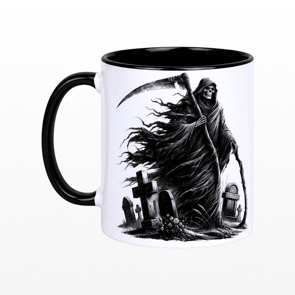Gothicc ceramic mug featuring a monochrome Grim Reaper and graveyard scene with black handle