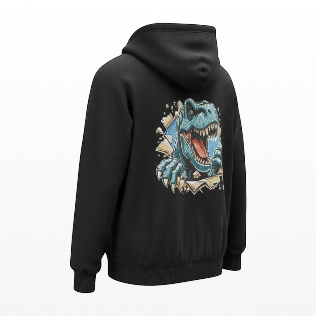 Side view of black hoodie with blue t rex