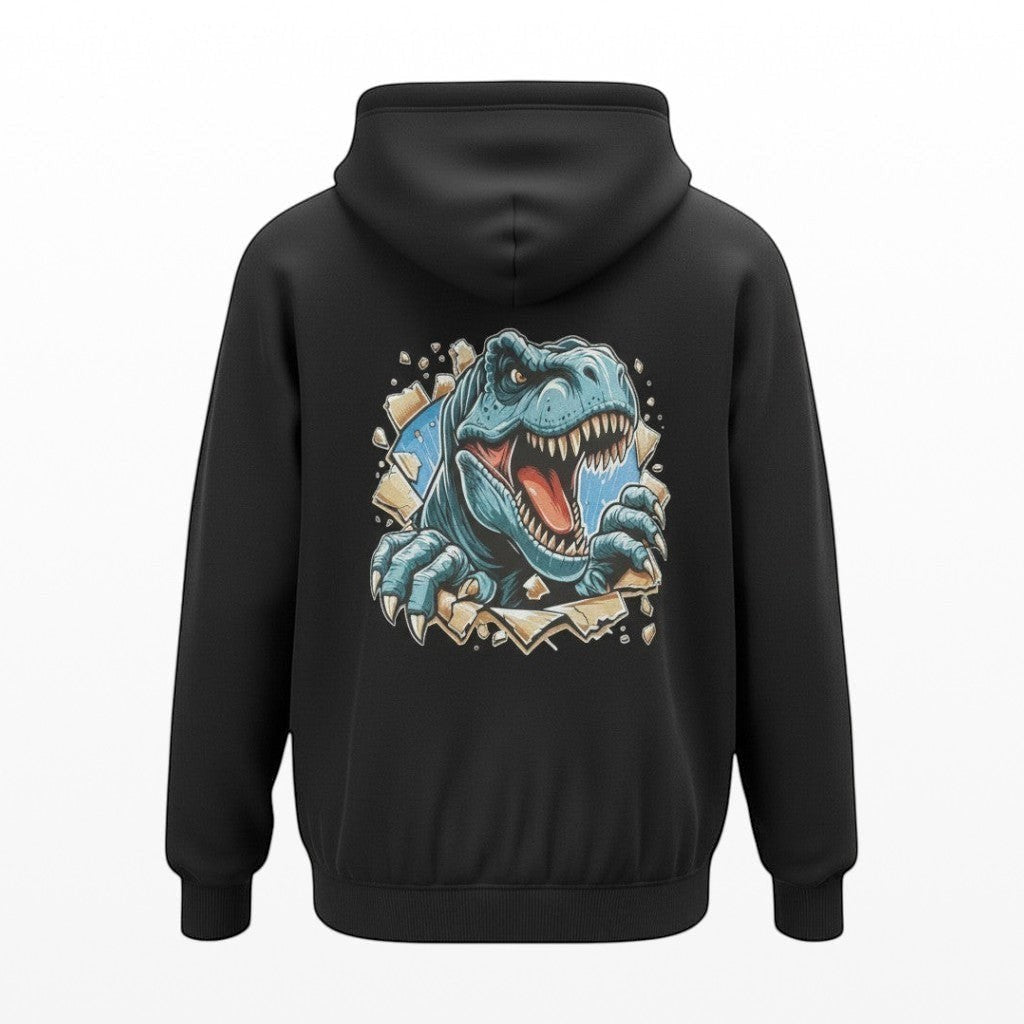 Blue trex on back of black hoodie