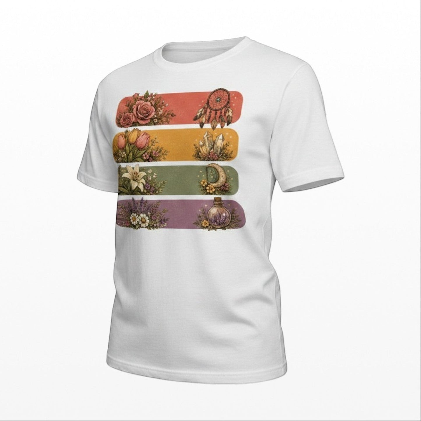 White t-shirt with colorful graphic design on a white background