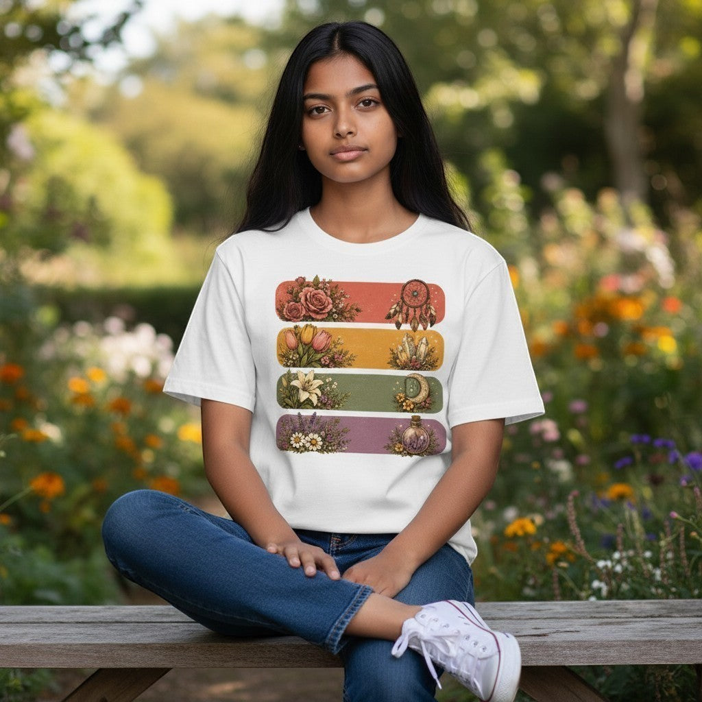 Person wearing a white t-shirt with colorful graphic design sitting in a garden.
