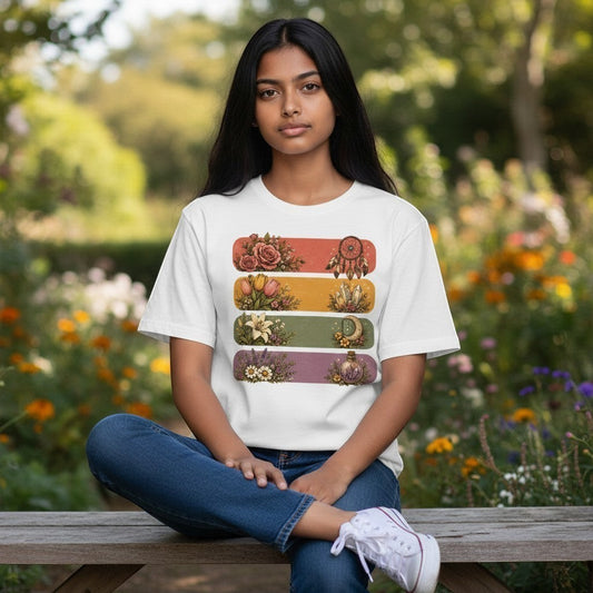 Person wearing a white t-shirt with colorful graphic design sitting in a garden.