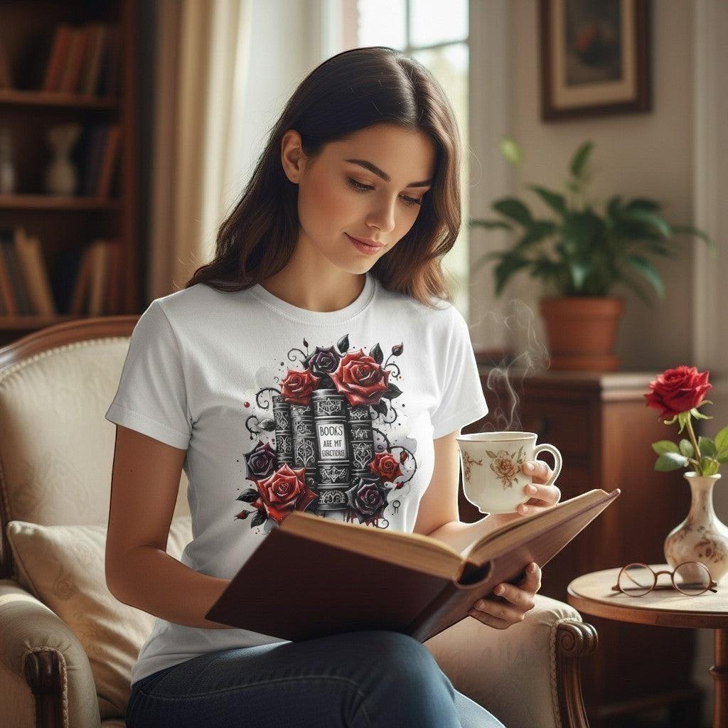 Woman reading a book and holding a steaming cup in a cozy room with books and plants.