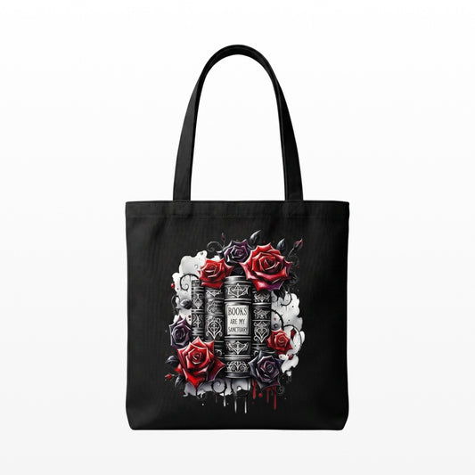 Black canvas tote bag featuring a Books Are My Sanctuary design with red and black roses. A perfect literary gift