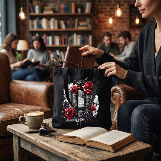 Practical black canvas tote bag with Books Are My Sanctuary floral book print in a cozy library. A perfect literary gift