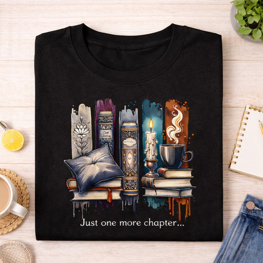 Black t-shirt with book-themed design and 'Just one more chapter' text on a wooden surface.  A perfect book lover gift.