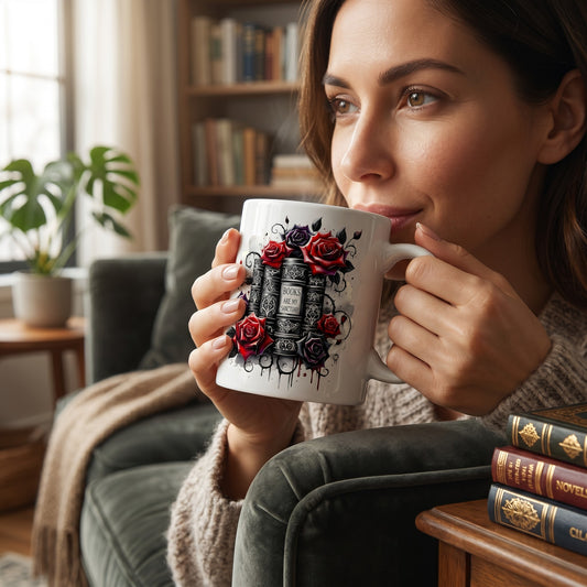 Perfect book lover gift, a ceramic mug with Books Are My Sanctuary art, held by a woman in a cozy reading nook.