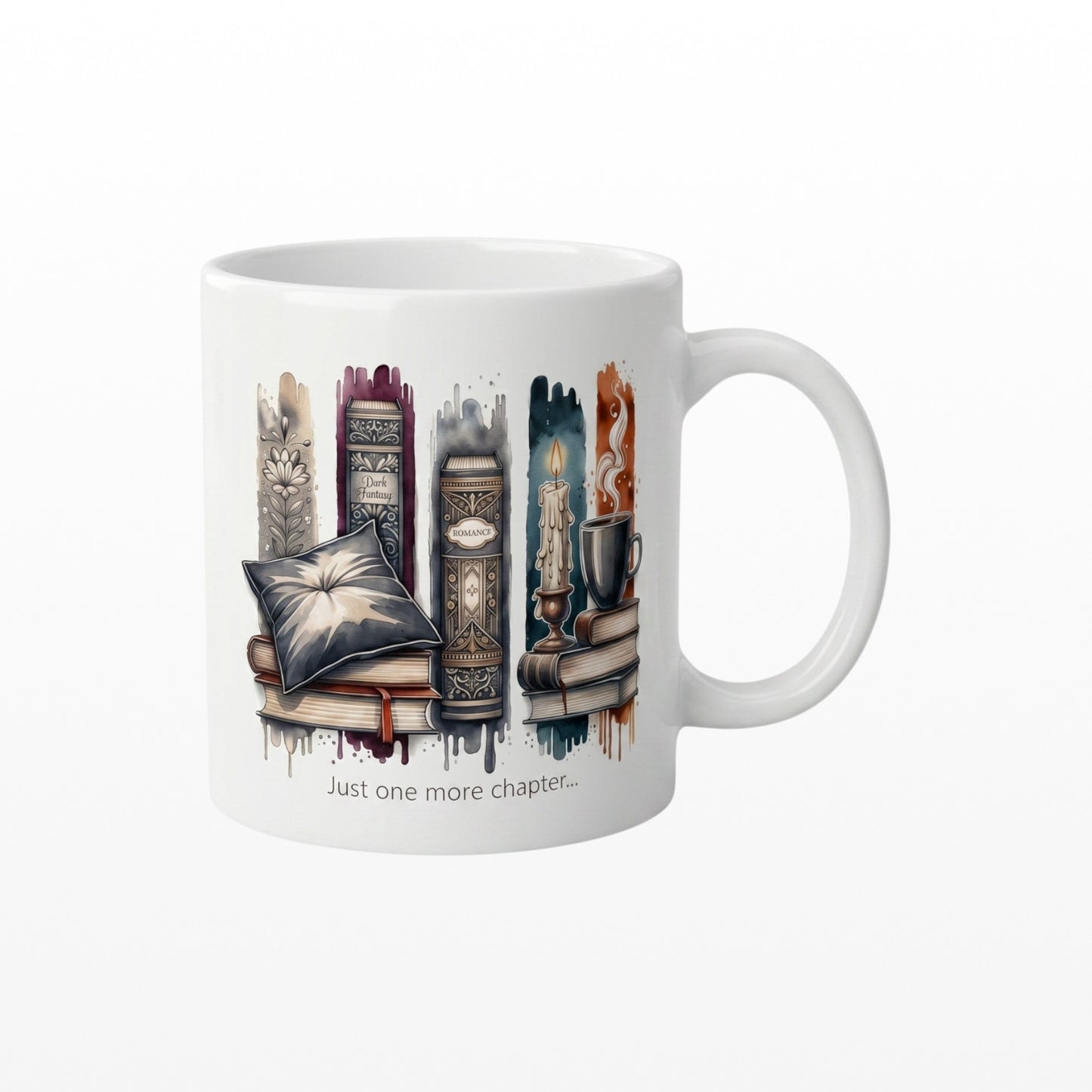 Ceramic mug featuring book-themed artwork, a candle, and the text Just One More Chapter. A perfect book lover gift.