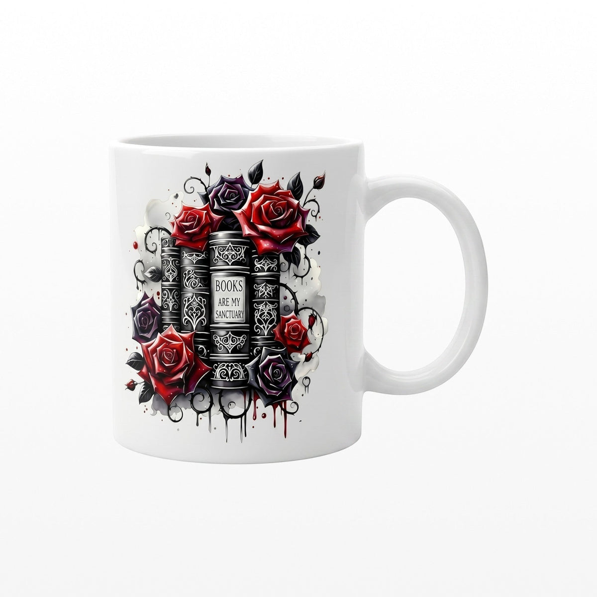 A great book lover gift, ceramic mug featuring black books and red roses with Books Are My Sanctuary text.
