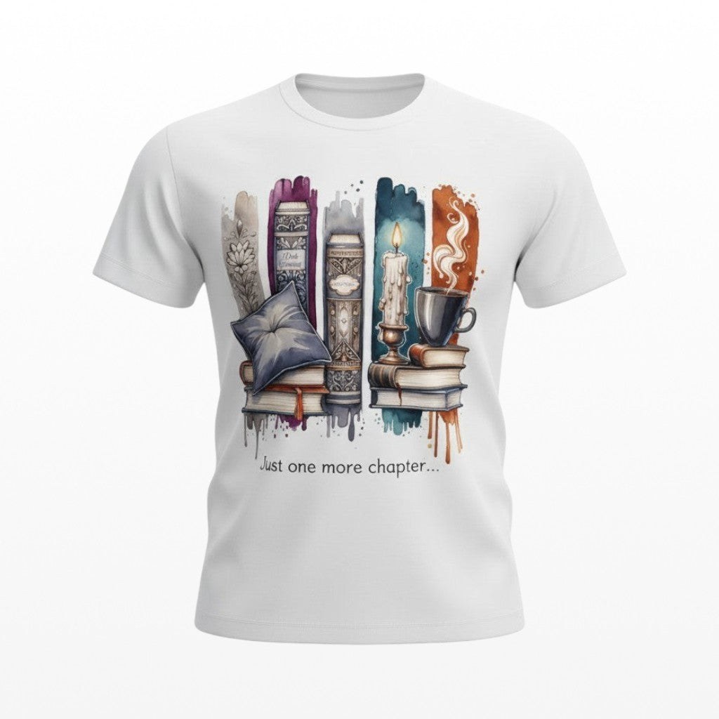 White t-shirt with a watercolor graphic of stacked books, a candle, and a coffee cup. Text reads "Just one more chapter..."  A perfect book lover gift.