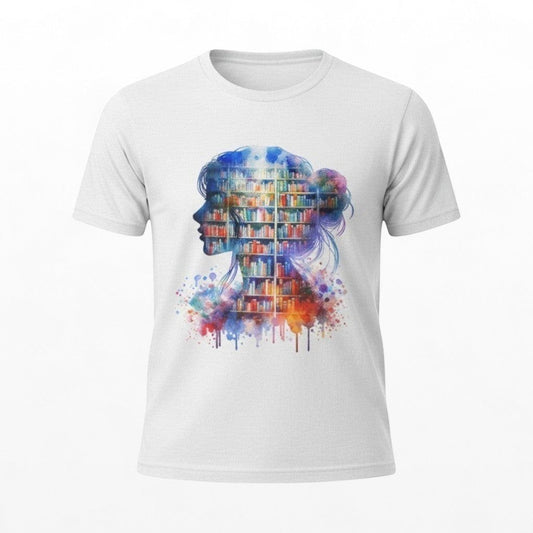 white t-shirt with watercolour silhouette of a woman's head filled with colourful bookshelves, great addition to book merchandise. 