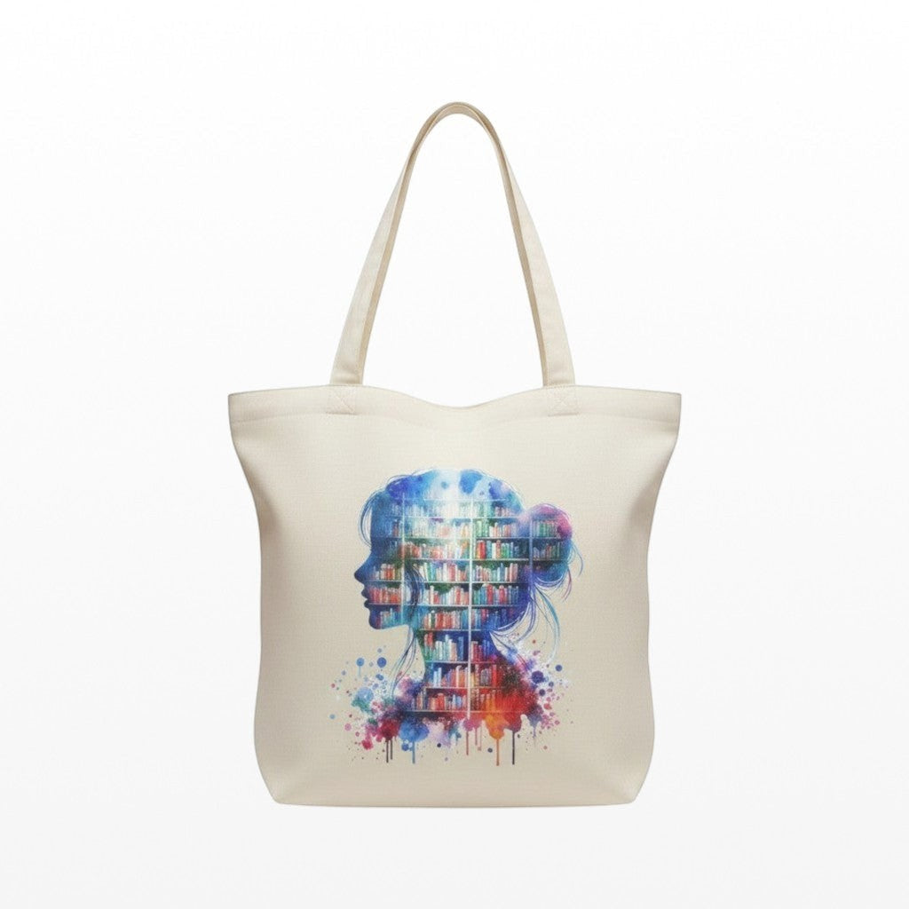 Tote bag with a colourful design of a head filled with books on a white background, a great book merchandise gift. 